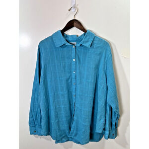 Catherines Women's Button Up Shirt Size 2X Blue Embroidered Gauzy Coastal Office